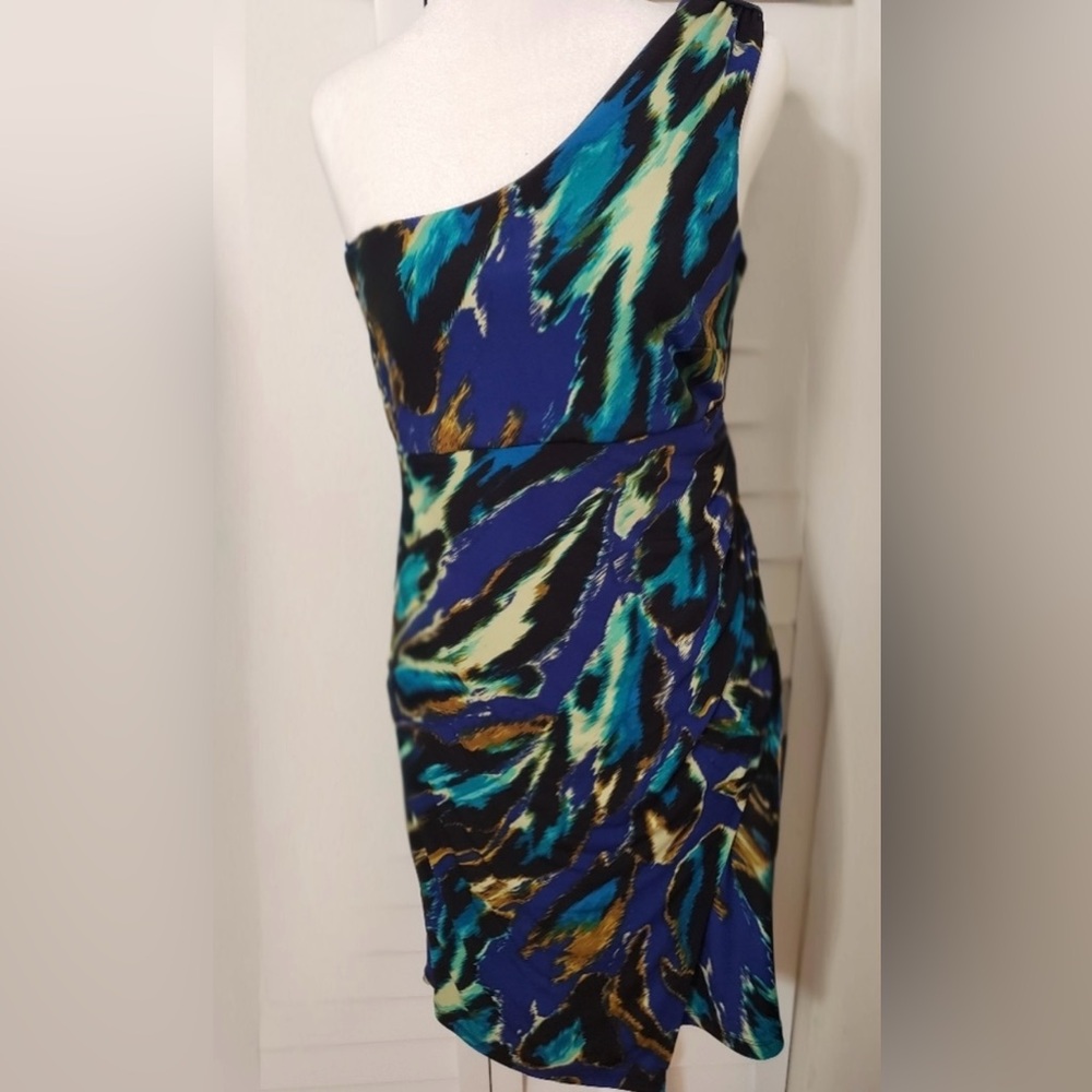 Elegant One-Shoulder Dress in Blue and Green M-L